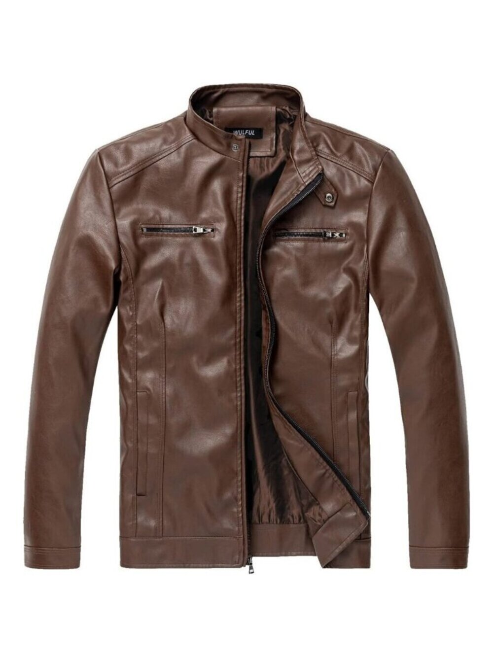 Men Brown Faux Leather Stand Collar Jacket Motorcycle Lightweight Outwear Style